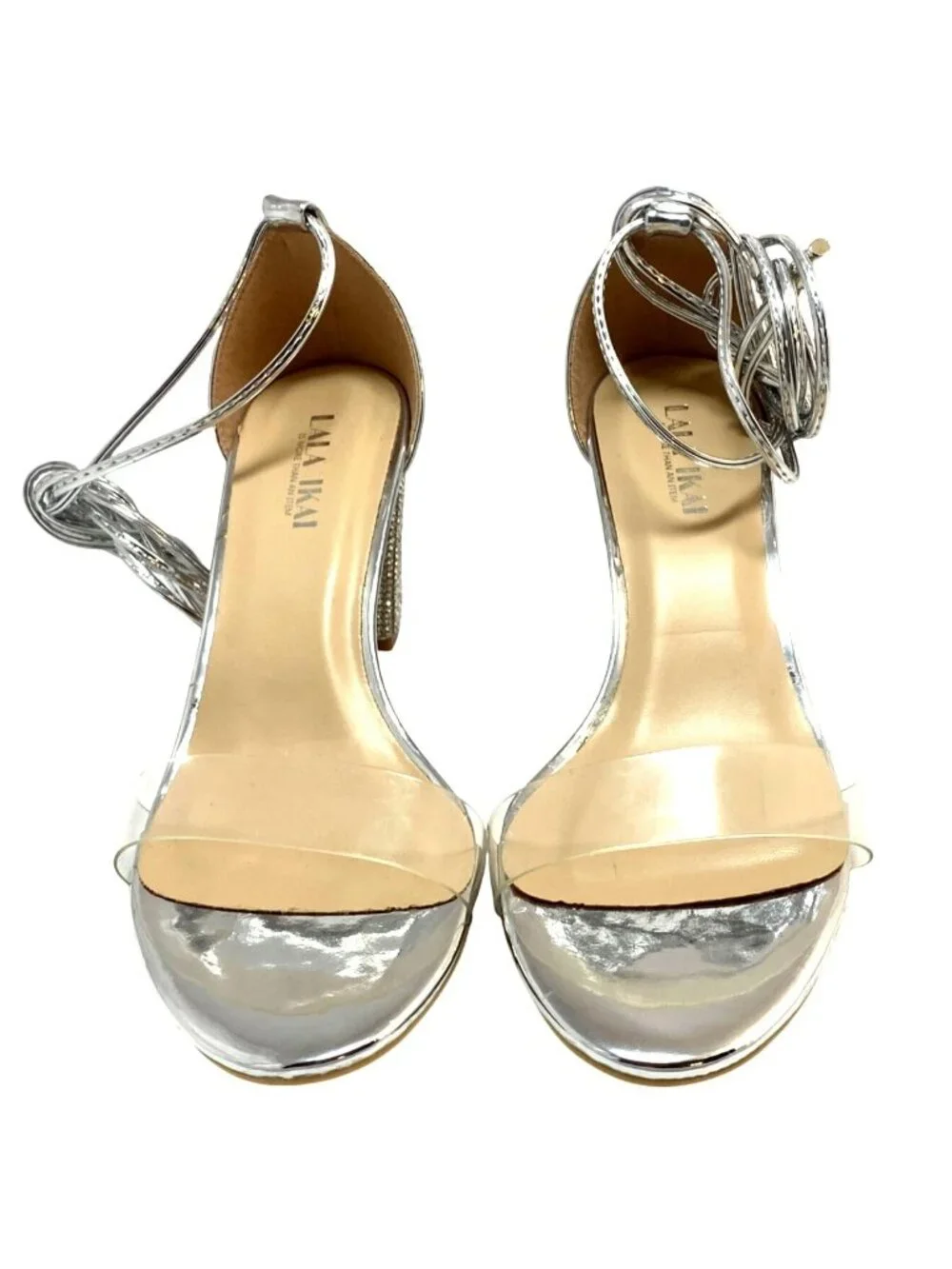 LaLa Ikai Silver Rhinestone Embellished Block Heel Formal Party Sandals Size 37
